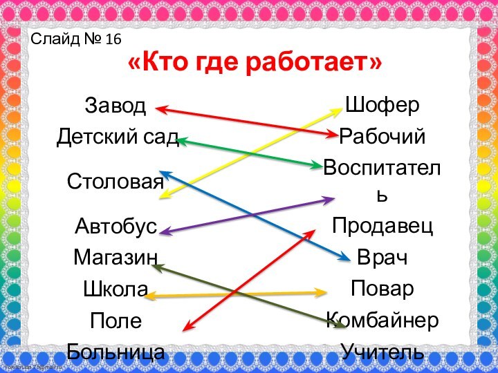 Слайд № 16«Кто где работает»