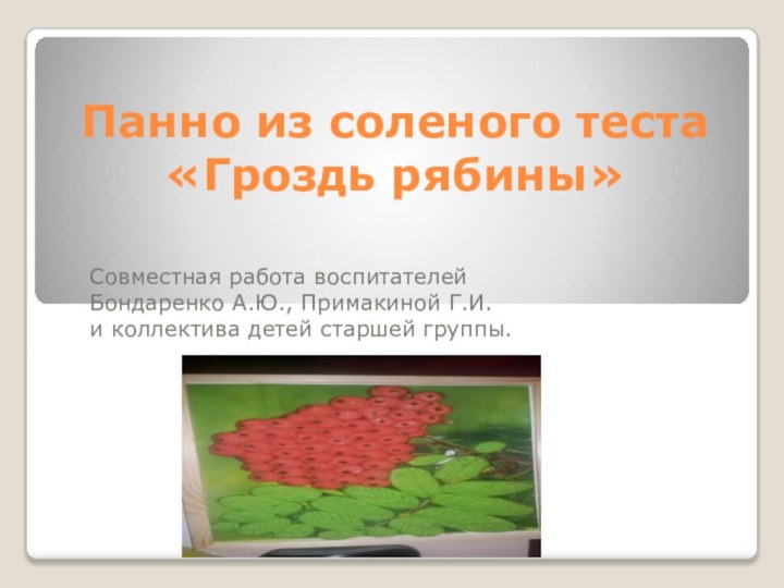 Панно из соленого теста  «Гроздь рябины» Совместная работа воспитателей Бондаренко А.Ю.,