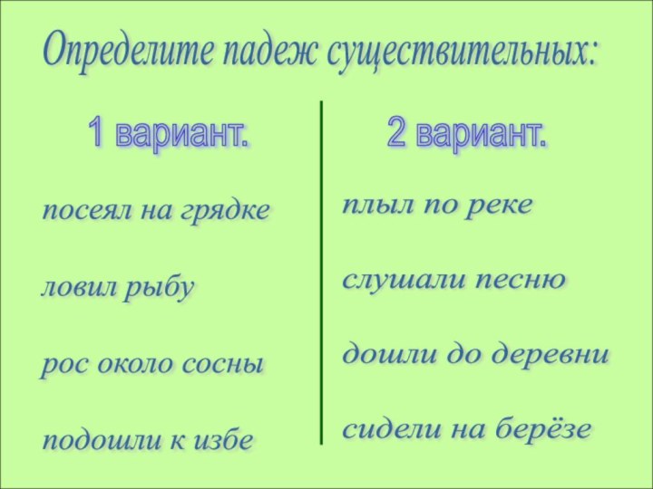 Определите падеж существительных:1 вариант.2 вариант.посеял на грядке    ловил рыбу