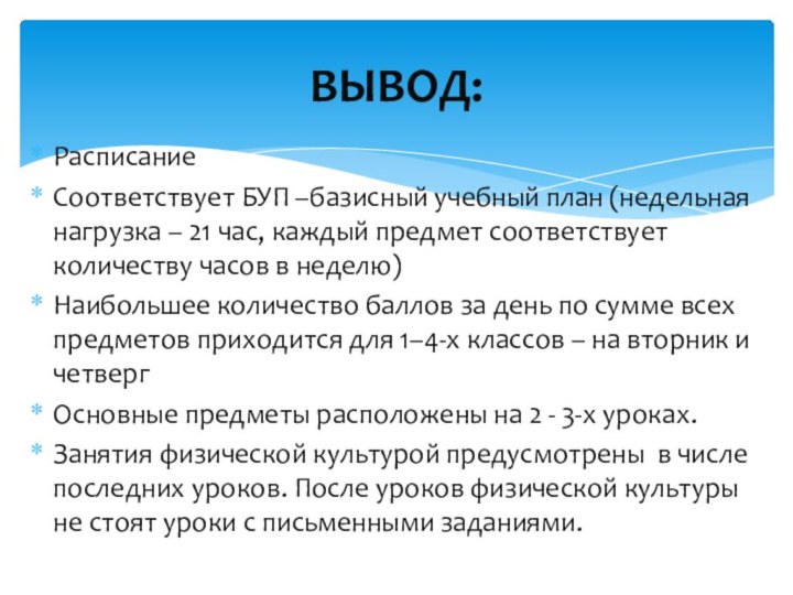 РасписаниеСоответствует БУП –базисный учебный план (недельная нагрузка – 21 час, каждый предмет