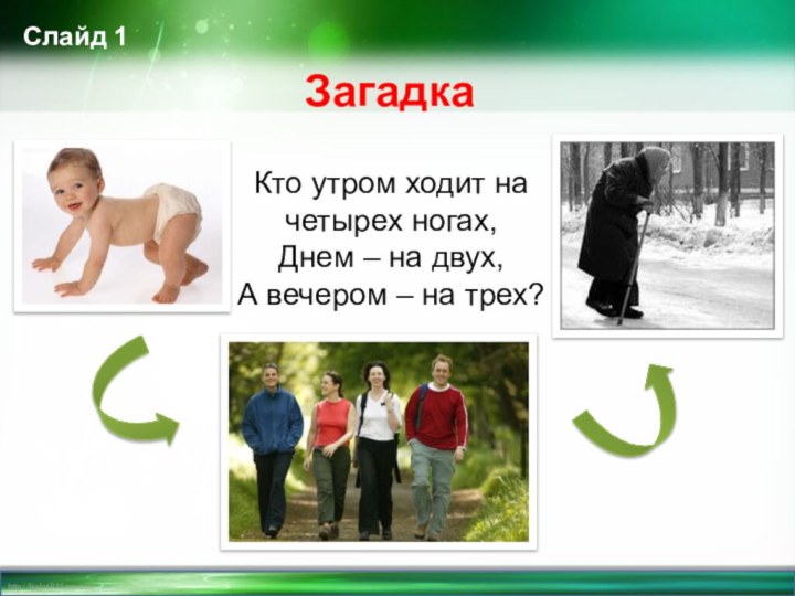 Слайд 1ЗагадкаКто утром ходит на четырех ногах,Днем – на двух,А вечером – на трех?