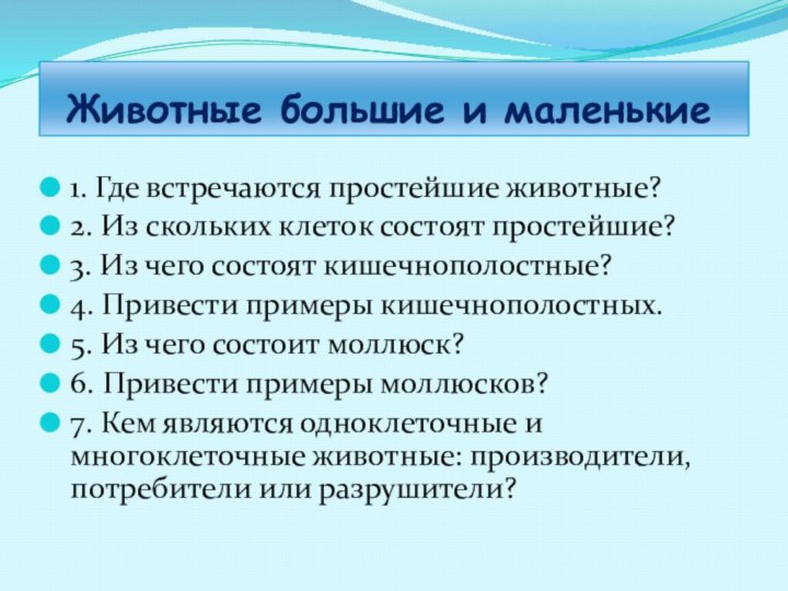 Животные большие и маленькие1. Где встречаются простейшие животные?2. Из скольких клеток