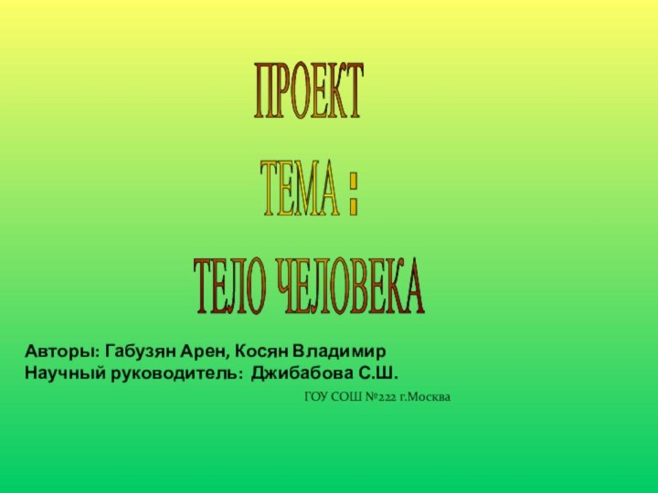 Авторы: Габузян Арен, Косян ВладимирНаучный руководитель: Джибабова С.Ш.ГОУ СОШ №222 г.МоскваПРОЕКТТЕМА :ТЕЛО ЧЕЛОВЕКА