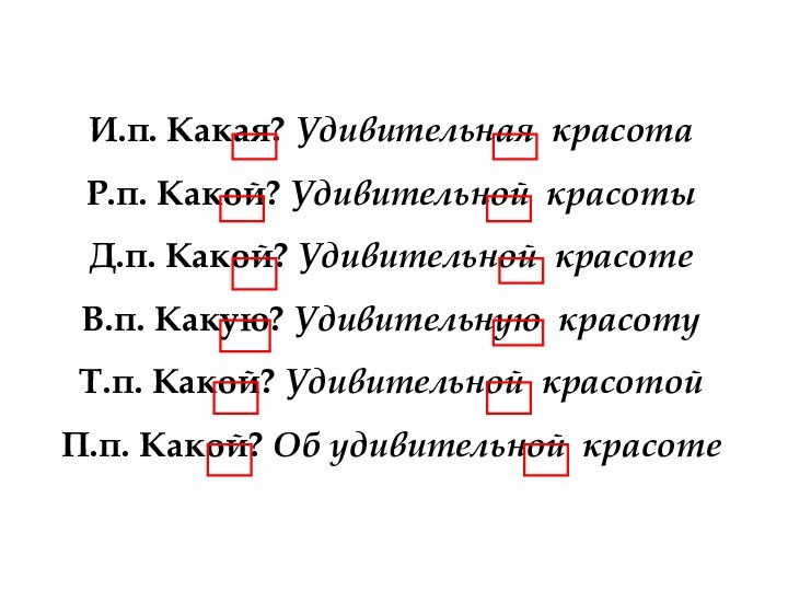 И.п. Какая? Удивительная красотаР.п. Какой? Удивительной красотыД.п. Какой? Удивительной красотеВ.п. Какую? Удивительную