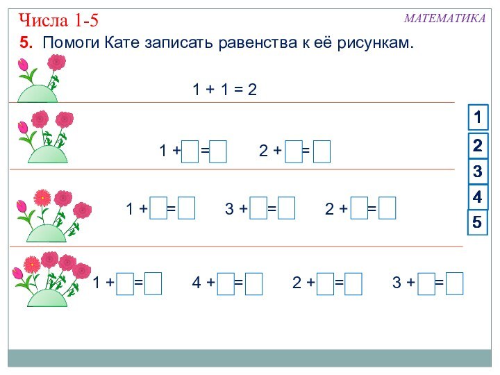 Числа 1-5МАТЕМАТИКА5. Помоги Кате записать равенства к её рисункам.1 + 1