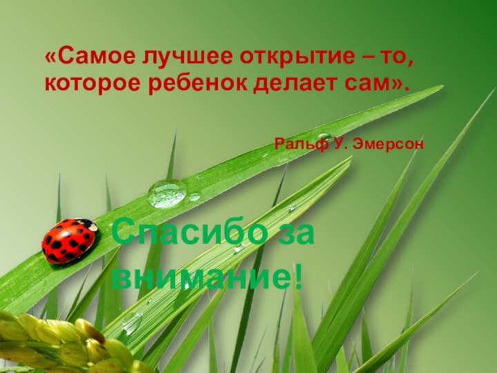 Спасибо за внимание! «Самое лучшее открытие – то, которое ребенок делает сам».