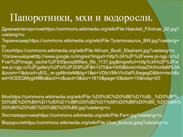 Папоротники, мхи и водоросли.Древнийпапоротникhttps://commons.wikimedia.org/wiki/File:Haeckel_Filicinae_92.jpg?uselang=ruТираннозаврhttps://commons.wikimedia.org/wiki/File:Tyrannosaurus_BW.jpg?uselang=ruСлонhttps://commons.wikimedia.org/wiki/File:African_Bush_Elephant.jpg?uselang=ru10этажныйдомhttp://www.google.ru/imgres?imgurl=http%3A%2F%2Fwww.pi-ngp.ru%2Fvar%2Fimage_cache%2F500pxxq90files_flib_1137.jpg&imgrefurl=http%3A%2F%2Fwww.pi-ngp.ru%2Fgallery%2Fid%2F259%2F&h=375&w=500&tbnid=AdaZlXrfnix9sM%3A&zoom=1&docid=yEG_-w-ypMndwM&itg=1&ei=VDtzVMnVIcXaPL6wgegD&tbm=isch&ved=0CEEQMygbMBs&iact=rc&uact=3&dur=1610&page=2&start=15&ndsp=20Мохhttps://commons.wikimedia.org/wiki/File:%D0%9C%D0%BE%D1%85,_%D0%BF%D0%BE%D0%BA%D1%80%D1%8B%D0%B2%D1%88%D0%B8%D0%B9_%D0%BA%D0%B0%D0%BC%D0%BD%D0%B8.jpg?uselang=ruЛистпапоротникаhttps://commons.wikimedia.org/wiki/File:Fern.jpg?uselang=ruВодорослиhttps://commons.wikimedia.org/wiki/File:Ulva_lactuca.jpeg?uselang=ru