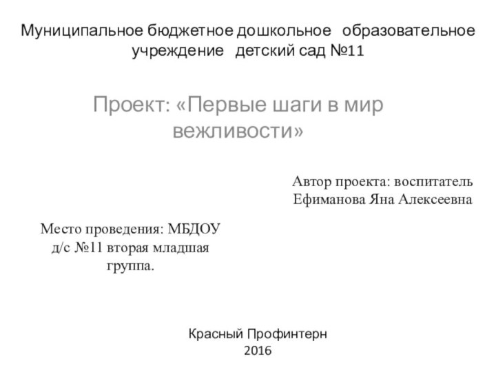 Муниципальное бюджетное дошкольное   образовательное учреждение   детский сад №11   Проект: «Первые шаги в мир