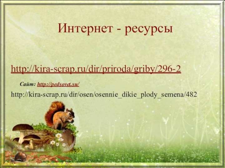 Интернет - ресурсыhttp://kira-scrap.ru/dir/priroda/griby/296-2http://kira-scrap.ru/dir/osen/osennie_dikie_plody_semena/482Сайт: http://pedsovet.su/