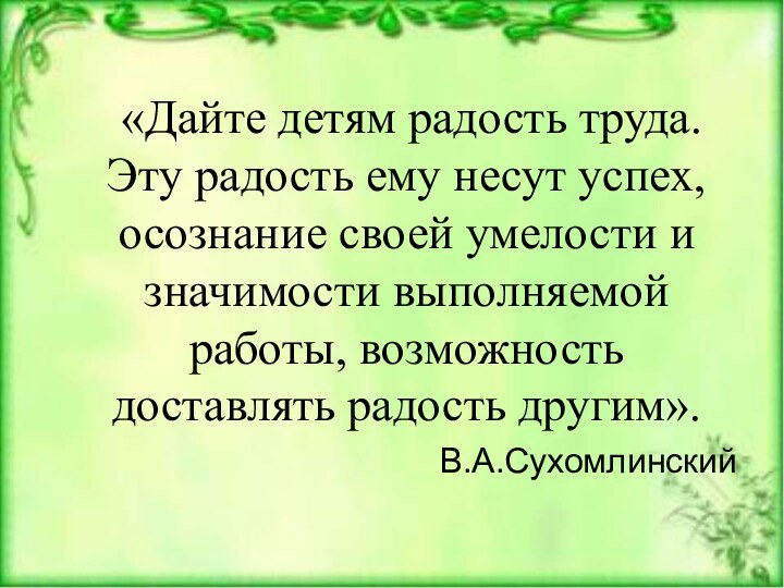 «Дайте детям радость труда. Эту радость ему несут успех, осознание своей умелости