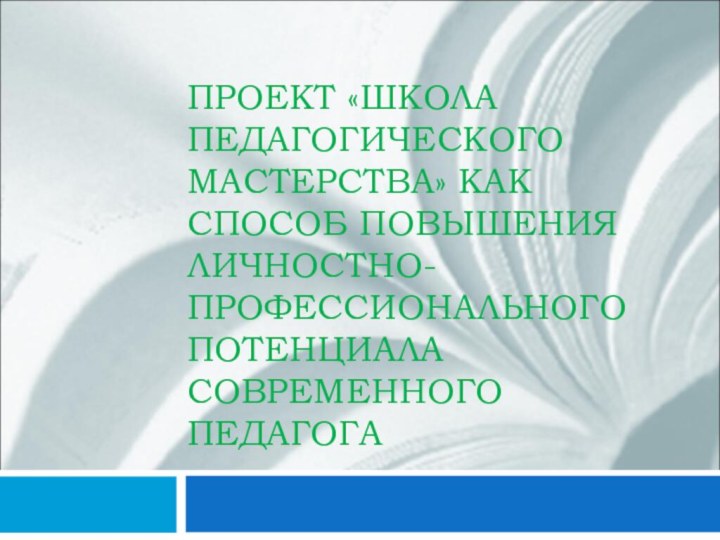 ПРОЕКТ «ШКОЛА ПЕДАГОГИЧЕСКОГО МАСТЕРСТВА» КАК СПОСОБ ПОВЫШЕНИЯ ЛИЧНОСТНО-ПРОФЕССИОНАЛЬНОГО ПОТЕНЦИАЛА СОВРЕМЕННОГО ПЕДАГОГА