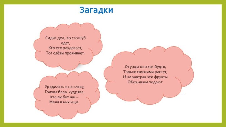 Сидит дед, во сто шуб одет,Кто его раздевает,Тот слёзы проливает.Уродилась я на