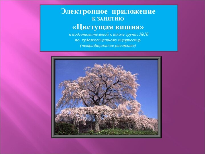 Электронное приложениеК ЗАНЯТИЮ «Цветущая вишня» в подготовительной к школе группе №10по художественному творчеству(нетрадиционное рисование)