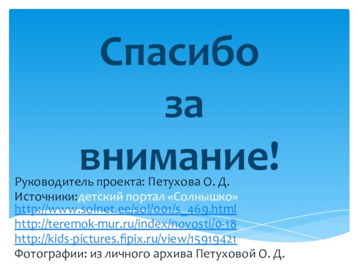 Руководитель проекта: Петухова О. Д.Источники:детский портал «Солнышко» http://www.solnet.ee/sol/001/s_469.html http://teremok-mur.ru/index/novosti/0-18 http://kids-pictures.fipix.ru/view/15919421Фотографии: из личного