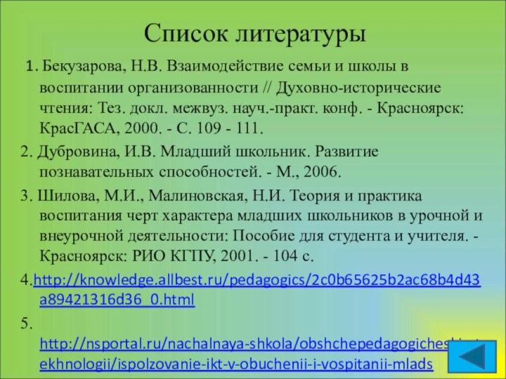 Список литературы 1. Бекузарова, Н.В. Взаимодействие семьи и школы в воспитании организованности