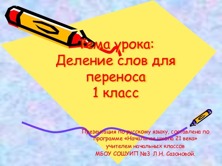 Тема урока: Деление слов для переноса 1 классПрезентация по русскому языку, составлена