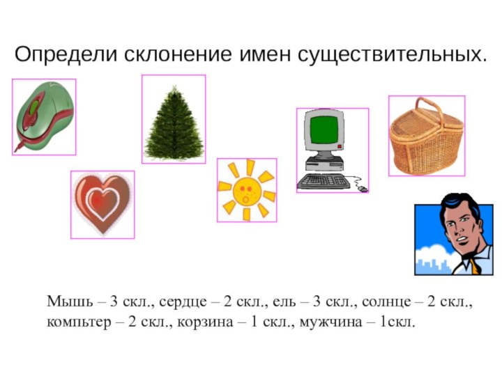 Определи склонение имен существительных.Мышь – 3 скл., сердце – 2 скл., ель