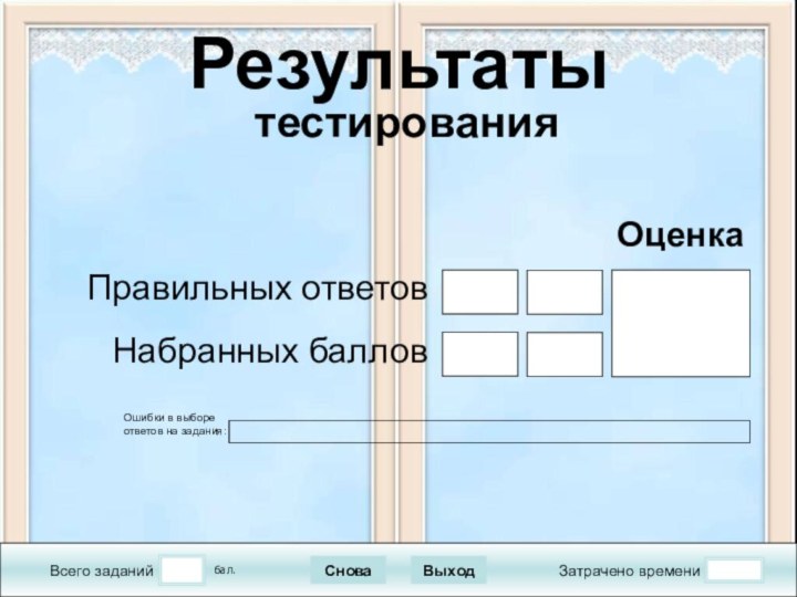 Всего заданийЗатрачено времениСноваВыходРезультаты  тестирования бал.Правильных ответовНабранных балловОценкаОшибки в выборе ответов на задания: