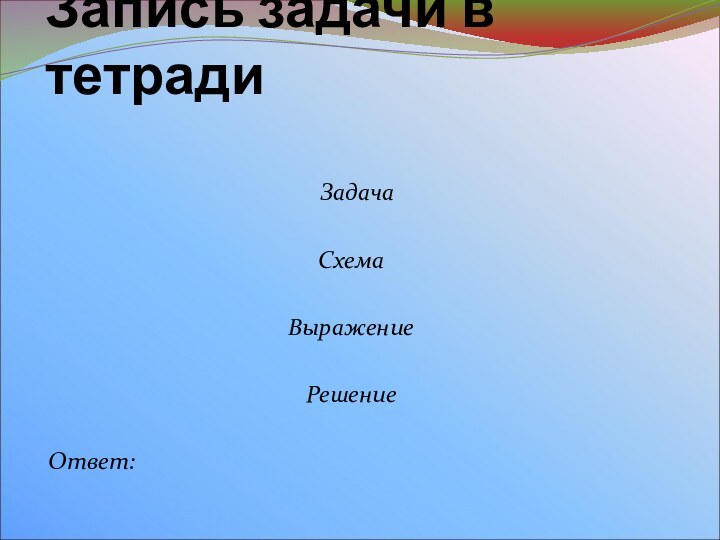 Запись задачи в тетради ЗадачаСхемаВыражениеРешениеОтвет: