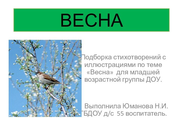 ВЕСНАПодборка стихотворений с иллюстрациями по теме «Весна» для младшей возрастной группы ДОУ.