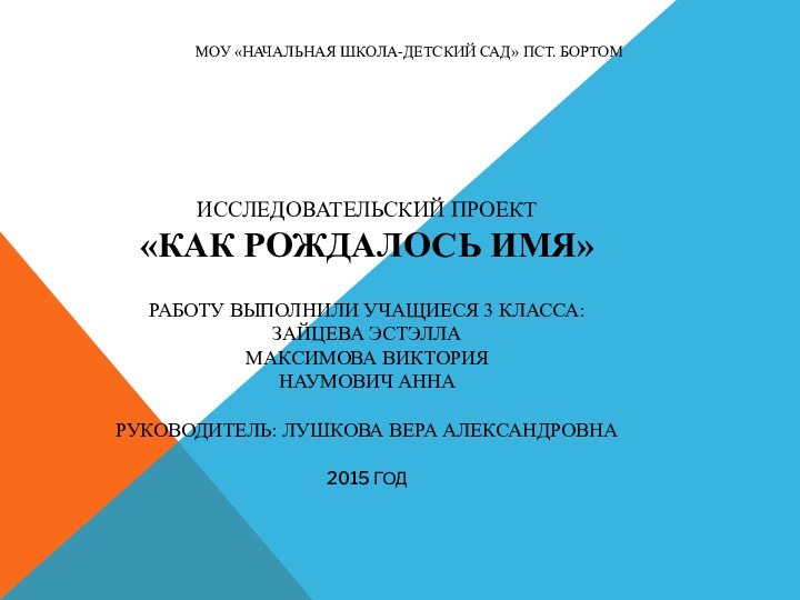 Исследовательский проект «Как рождалось имя»  Работу выполнили учащиеся 3 класса: Зайцева