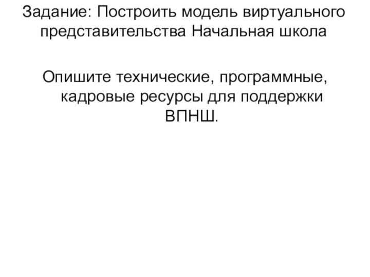 Задание: Построить модель виртуального представительства Начальная школа Опишите технические, программные, кадровые ресурсы для поддержки ВПНШ.