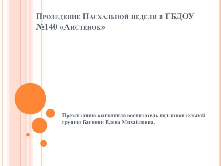 Проведение Пасхальной недели в ГБДОУ №140 «Аистенок»Презентацию выполнила воспитатель подготовительной группы Багинян Елена Михайловна.