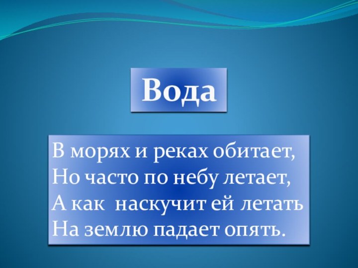 Вода В морях и реках обитает,Но часто по небу летает,А как наскучит