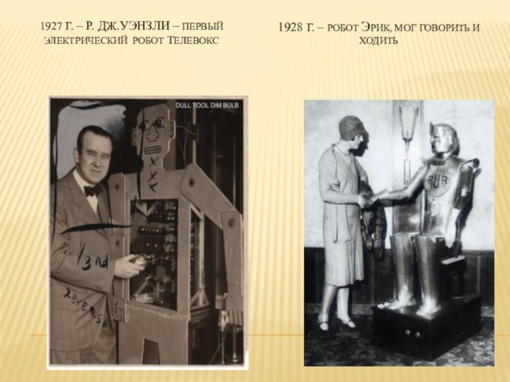 1927 г. – р. дж.уэнзли – первый электрический робот Телевокс1928 г. –