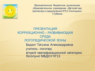 ПРЕЗЕНТАЦИЯ Коррекционно – развивающая средалогопедической зоны презентация к уроку по логопедии