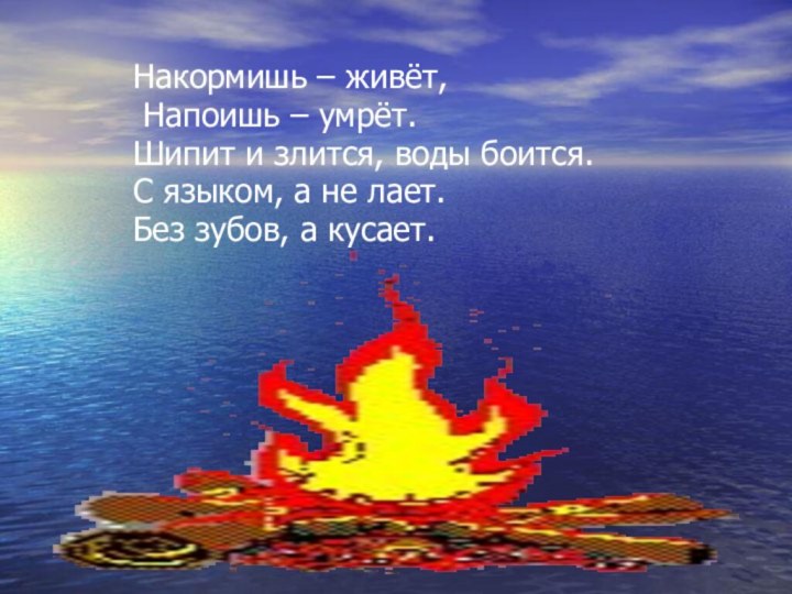 Накормишь – живёт, Напоишь – умрёт.Шипит и злится, воды боится.С языком, а