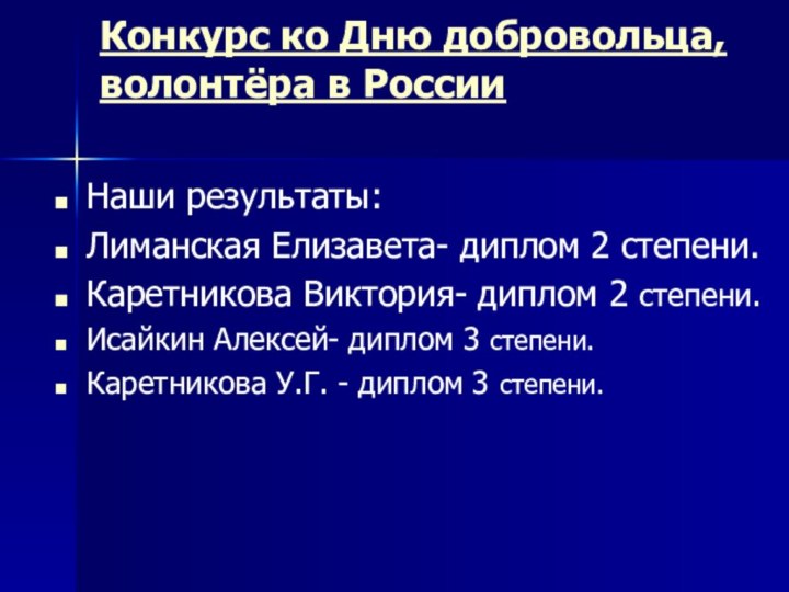 Конкурс ко Дню добровольца, волонтёра в России Наши результаты:Лиманская Елизавета- диплом 2