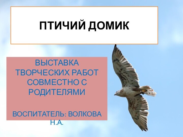 ПТИЧИЙ ДОМИКВЫСТАВКА ТВОРЧЕСКИХ РАБОТ СОВМЕСТНО С РОДИТЕЛЯМИВОСПИТАТЕЛЬ: ВОЛКОВА Н.А.