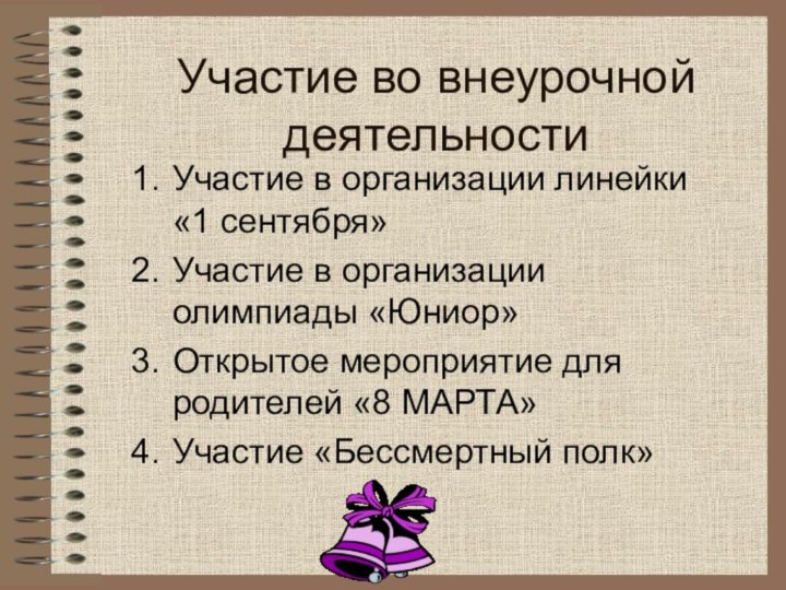 Участие во внеурочной деятельностиУчастие в организации линейки «1 сентября»Участие в организации олимпиады