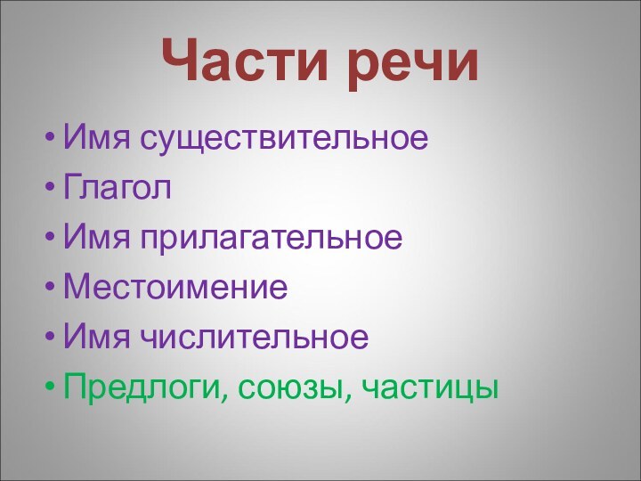 Части речи Имя существительноеГлаголИмя прилагательноеМестоимение Имя числительное Предлоги, союзы, частицы