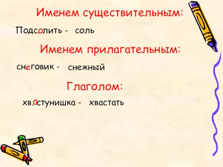 Именем существительным:Подс. лить -сольоИменем прилагательным:сн. говик -снежныйеГлаголом:хв. стунишка -хвастатьа