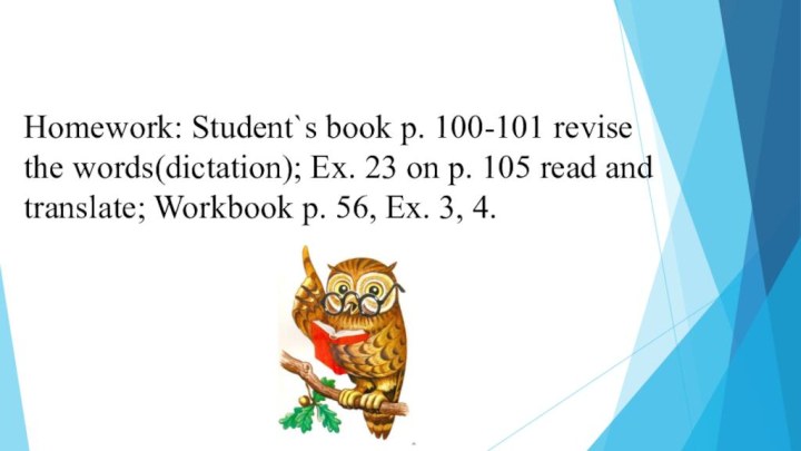 Homework: Student`s book p. 100-101 revise the words(dictation); Ex. 23 on p.