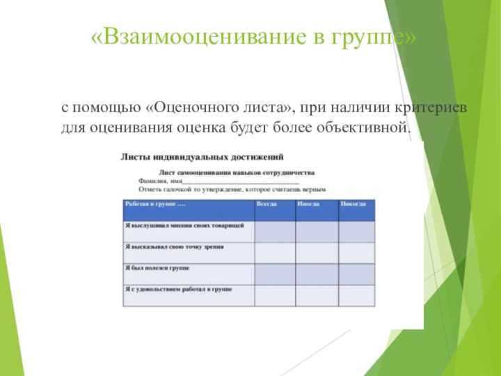 «Взаимооценивание в группе» с помощью «Оценочного листа», при наличии критериев для оценивания оценка будет более объективной.