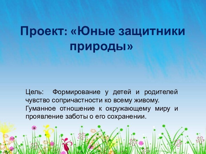 Проект: «Юные защитники природы»Цель: Формирование у детей и родителей чувство сопричастности