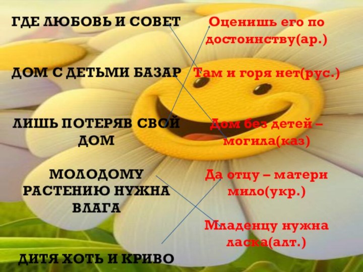 Где любовь и советДом с детьми базарЛишь потеряв свой домМолодому растению нужна