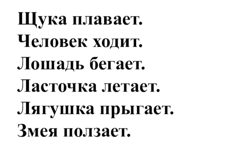 Щука плавает.Человек ходит.Лошадь бегает.Ласточка летает.Лягушка прыгает.Змея ползает.