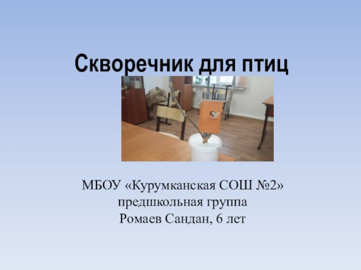 Скворечник для птиц МБОУ «Курумканская СОШ №2» предшкольная группаРомаев Сандан, 6 лет