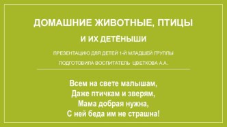 ПРЕЗЕНТАЦИЯ ДЛЯ ПЕРВОЙ МЛАДШЕЙ ГРУППЫ ДОМАШНИЕ ЖИВОТНЫЕ И ПТИЦЫ, И ИХ ДЕТЁНЫШИ. презентация урока для интерактивной доски (младшая группа) по теме