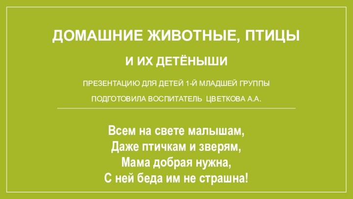 ДОМАШНИЕ Животные, ПТИЦЫ   и их детёныши  Презентацию для детей