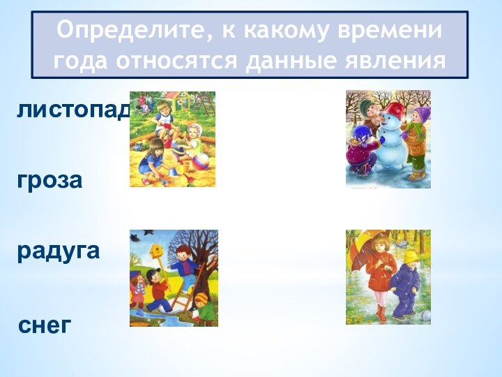 Определите, к какому времени года относятся данные явления природы  листопадгрозарадугаснег