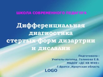 Презентация – выступление на городском сообществе учителей-логопедов Школа современного педагога Тема : Дифференциальная диагностика дислалии и стертых форм дизартрии презентация по логопедии