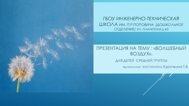 ГБОУ ИНЖЕНЕРНО-ТЕХНИЧЕСКАЯ ШКОЛА им. П.Р ПОПОВИЧА (ДОШКОЛЬНОЕ ОТДЕЛЕНИЕ) УЛ. ПЛАНЕТНАЯ Д 43ПРЕЗЕНТАЦИЯ