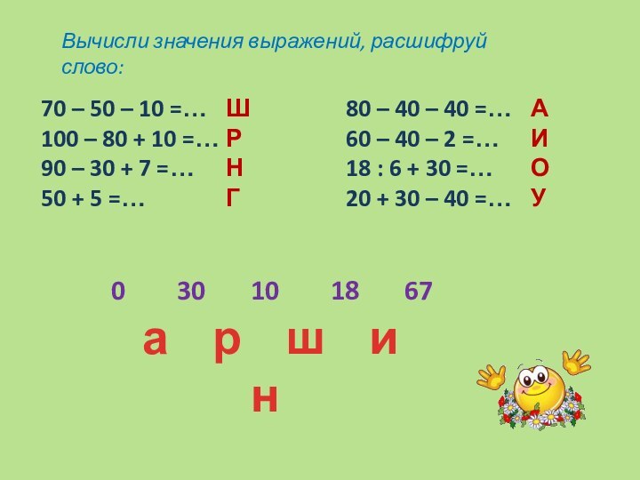 Вычисли значения выражений, расшифруй слово:70 – 50 – 10 =…100 – 80