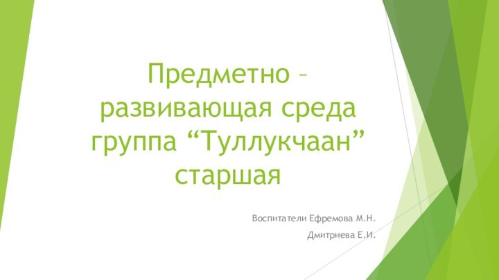 Предметно – развивающая среда группа “Туллукчаан” старшая Воспитатели Ефремова М.Н.Дмитриева Е.И.