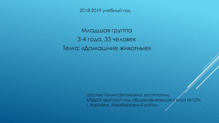 Младшая группа 3-4 года, 35 человекТема: «Домашние животные»2018-2019 учебный годШостак Галина Евгеньевна,